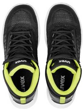 Paar schwarze Sportschuhe mit neongelb-grünem Futter, von oben auf weißem Hintergrund abgebildet.