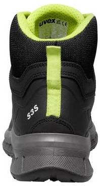 Schwarzer und neongelber UVEX S3 Sicherheitsstiefel von hinten gezeigt, mit Grifflasche und robuster Sohle.