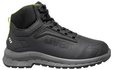 Schwarzer Uvex Sicherheitsstiefel mit hohem Schaft und Schnürsenkeln, grauer Sohle und seitlichem Logo, in Profilansicht auf weißem Hintergrund dargestellt.