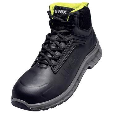 Schwarzer hoher Sicherheitsstiefel mit neongelber Innenfütterung und „uvex