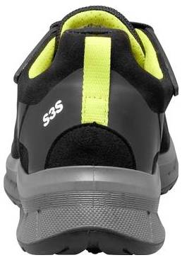Rückansicht eines schwarz-grauen Sportschuhs mit neongelber Innenseite und Fersenlasche, auf dem das S3S-Logo zu sehen ist.