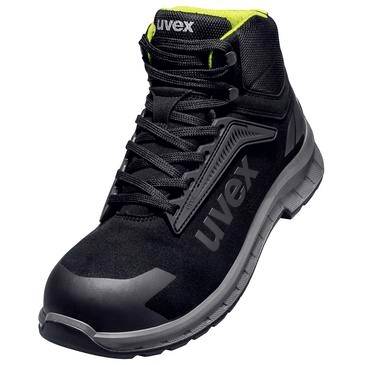 Schwarzer Uvex-Arbeitsicherheitsstiefel mit hohem Schaft und Schnürverschluss, grauer Sohle und neongelber Krageneinfassung auf weißem Hintergrund.