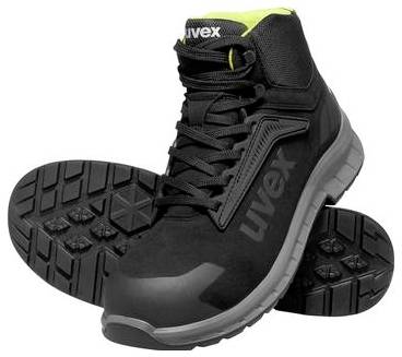 Schwarzer High-Top-Sicherheitsstiefel mit neongelber Manschette und dicker strukturierter Sohle, von der Seite gezeigt mit einer sichtbaren Sohle dahinter.