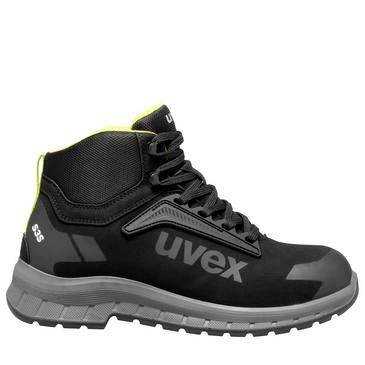 Schwarzer und grauer hoher Arbeitsschuh mit „uvex