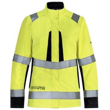 Warnweste in leuchtendem Gelb mit reflektierenden silbernen Streifen, schwarzem Besatz und dunklen Akzenten an Schultern und Manschetten, Vorderansicht auf neutralem Hintergrund.