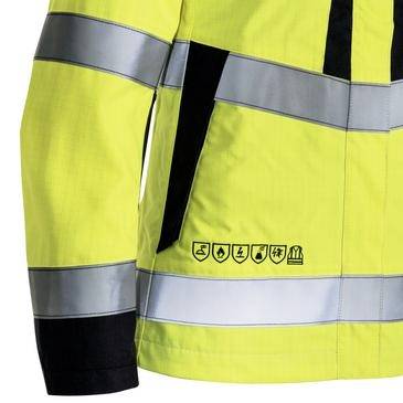 Hochsichtbare gelbe Sicherheitsjacke mit silbernen reflektierenden Streifen und schwarzen Manschettenelementen, in Nahaufnahme an Ärmel und Saum gezeigt.