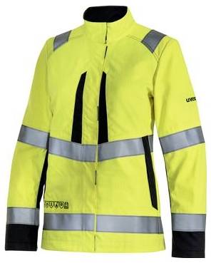 Hochsichtbare gelbe Sicherheitsjacke mit reflektierenden silbernen Streifen, schwarzem Kragen und schwarzen Manschetten, Vorderansicht auf einfachem Hintergrund.