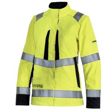 Warnschutzjacke in Signalgelb mit reflektierenden silbernen Streifen, schwarzen Akzenten und Reißverschluss vorne, gezeigt auf einfachem weißen Hintergrund.