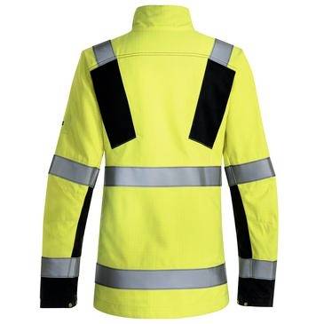 Hochsichtbare gelbe Sicherheitsjacke mit langen Ärmeln, reflektierenden silbernen Streifen und schwarzen Schulter- und Ärmelpanels, frontal auf weißem Hintergrund dargestellt.