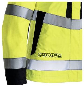 Nahaufnahme einer hochsichtbaren gelben Sicherheitsjacke mit silbernen reflektierenden Streifen und schwarzen Manschetten, die die untere Vorderseite und die Ärmel zeigt.