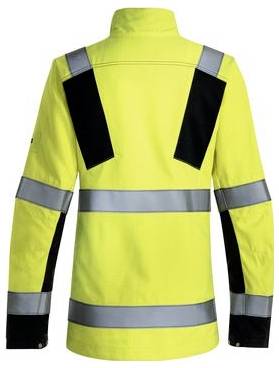 Gelbe Arbeitsjacke mit hoher Sichtbarkeit, von hinten gezeigt, mit reflektierenden silbernen Bändern und schwarzen Schulter- und Ärmelpaneelen.