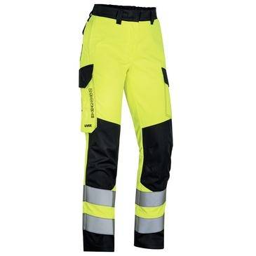 Hochsichtbare neongelbe Arbeitshosen mit schwarzen verstärkten Panels und reflektierenden silbernen Streifen an den Unterschenkeln.
