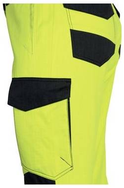 Hochsichtbare neongelbe Arbeitshosen mit schwarzen verstärkten Taschen und Besatz.