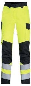 Arbeitsshorts in Neongelb und Schwarz mit hoher Sichtbarkeit und reflektierenden silbernen und gelben Bändern an den Unterschenkeln.