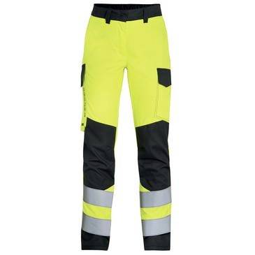 Hochsichtbare Arbeitshosen in Neongelb und Schwarz mit reflektierenden silbernen Bändern an den Unterbeinen und Cargotaschen.