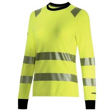 Hochsichtbares neongelbes Langarm-Sicherheitsshirt mit reflektierenden grauen Streifen und schwarzem Kragen und Manschetten.