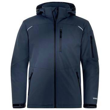 Marineblaue Kapuzenjacke mit Reißverschluss, reflektierenden Akzenten und mehreren Taschen, von vorne auf weißem Hintergrund gezeigt.