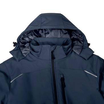 Marineblauer Winterparka mit Kapuze, Frontverschluss und reflektierenden Schultergurten, vor neutralem Hintergrund gezeigt.