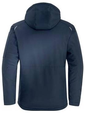 Rückansicht einer marineblauen Kapuzenjacke mit langen Ärmeln und hohem Kragen, gezeigt vor einfachem weißem Hintergrund.