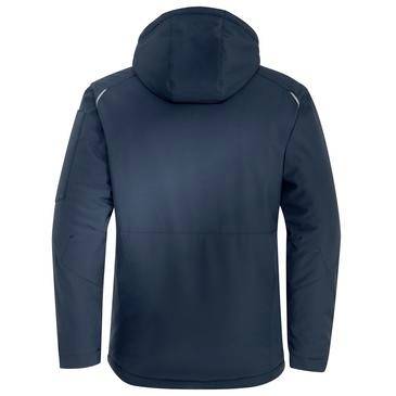 Marine-blauePullover mit Kapuze von hinten gezeigt, mit langen Ärmeln und gerader Saumlinie auf einfarbig weißem Hintergrund.
