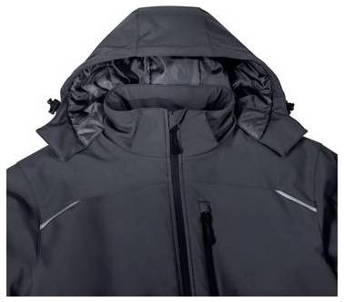 Schwarze Kapuzenjacke mit Frontreißverschluss und reflektierenden Schulterelementen, von der Brust aufwärts vor weißem Hintergrund dargestellt.