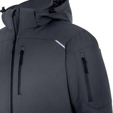 Dunkelgrauer Kapuzenjacke mit Reißverschluss vorne, Reißverschlusstaschen an der Brust und an den Ärmeln, vor weißem Hintergrund gezeigt.