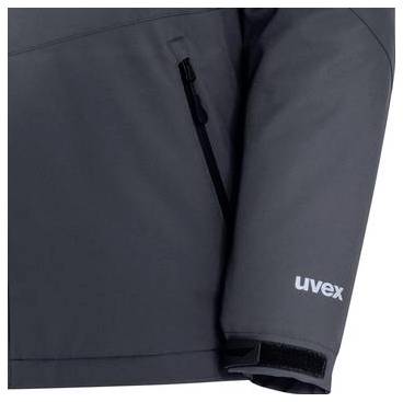 Nahaufnahme eines dunkelgrauen uvex-Jackensleeves und einer vorderen Tasche mit Reißverschluss.