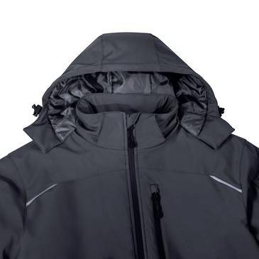 Dunkelgrauer Winterparka mit Kapuze, Frontreißverschluss und reflektierenden Besätzen, auf weißem Hintergrund gezeigt.