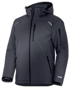 Dunkelgraue Kapuzenjacke mit Reißverschluss, mehreren Reißverschlusstaschen und weißen Zierblenden, auf weißem Hintergrund abgebildet.