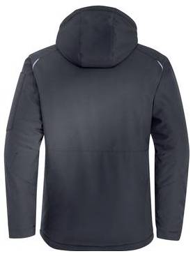 Rückansicht einer dunklen Kapuzenjacke mit Reißverschluss, langen Ärmeln und elastischem Saum auf weißem Hintergrund.