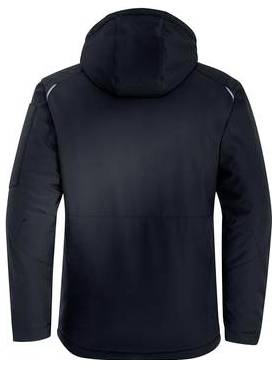 Dunkelblau gemusterte Kapuzenjacke, von hinten gezeigt, mit langen Ärmeln und einem taillierten Reißverschluss-Außenmantel-Design.