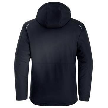 Rückansicht einer dunkelmarineblau Jacke mit Kapuze, langen Ärmeln und Reißverschluss vorne, gezeigt auf einem einfachen weißen Hintergrund.
