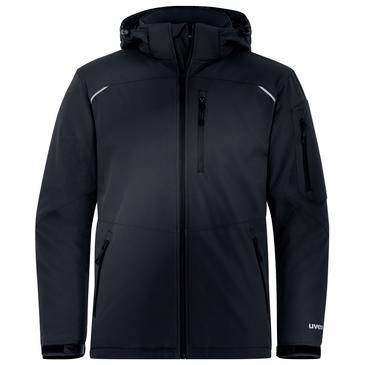 Dunkelblauer Hoodie-Jacke mit Frontreißverschluss, Brust- und Seitentaschen mit Reißverschluss und reflektierendem Paspel an den Schultern.