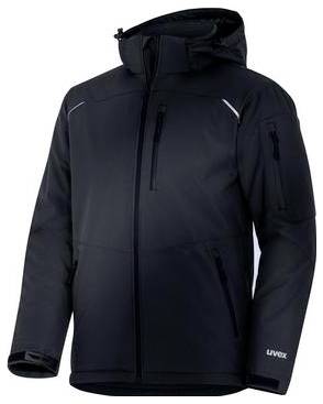 Schwarze Kapuzenjacke mit Reißverschluss und mehreren Taschen, gezeigt vor einem einfachen weißen Hintergrund.