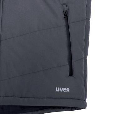 Nahaufnahme einer grauen uvex-Jacke mit einer vertikalen Reißverschlusstasche und genähten Paneelen.