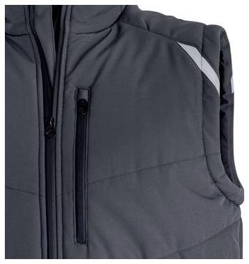 Nahaufnahme einer dunkelgrauen ärmellosen Reißverschluss-Weste mit einer vertikalen Brusttasche und hellen reflektierenden Schulterakzenten.