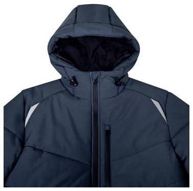 Dunkelblaue Kapuzenjacke mit Reißverschluss vorne und reflektierenden Schulterakzenten auf weißem Hintergrund.