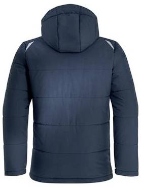Dunkelblauer Kapuzenpufferjacke von hinten gezeigt, mit gesteppten Paneelen und reflektierenden Schulterapplikationen auf weißem Hintergrund.
