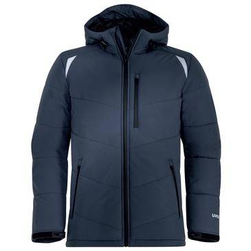 Marineblauer Winterparka mit Kapuze, Frontverschluss, Brusttasche, Seitentaschen und reflektierenden Schulterverzierungen auf neutralem Hintergrund gezeigt.
