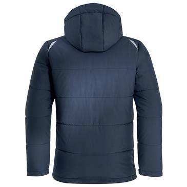 Navy-blauer Kapuzen-Daunenjacke von hinten gezeigt, mit gesteppten Paneelen und reflektierenden Schulterdetails.
