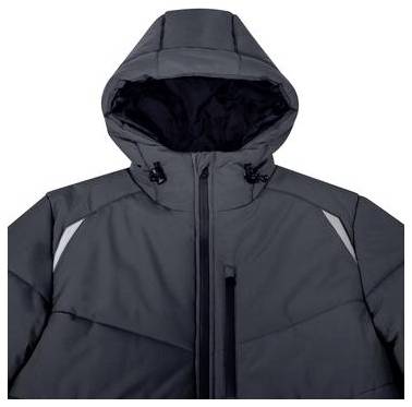 Dunkelgraue Kapuzenjacke mit Reißverschluss, schwarze Paneele und reflektierende Schulterverzierungen, Vorderansicht auf weißem Hintergrund.