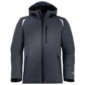 Dunkelgraue Kapuzendaunenjacke mit Frontreißverschluss, schwarzer Kapuzeninnenfütterung und reflektierenden Schulterakzenten, gezeigt auf einfachem weißem Hintergrund.