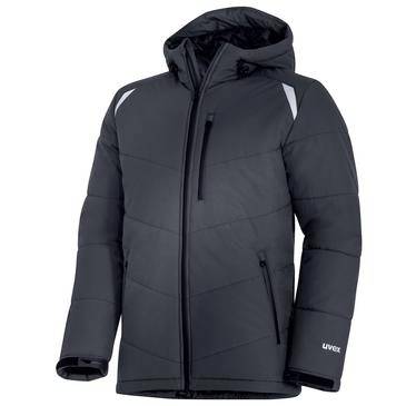 Dunkelgrauer Winterparka mit Kapuze, schwarzem Reißverschluss, hohem Kragen und Reißverschlusstaschen, auf weißem Hintergrund gezeigt.