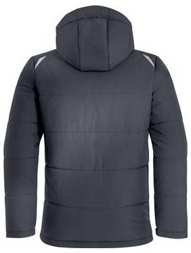 Dunkelblaue Kapuzendaunenjacke, von hinten gezeigt, mit langen Ärmeln, gesteppten Paneelen und einem hohen Kragen.