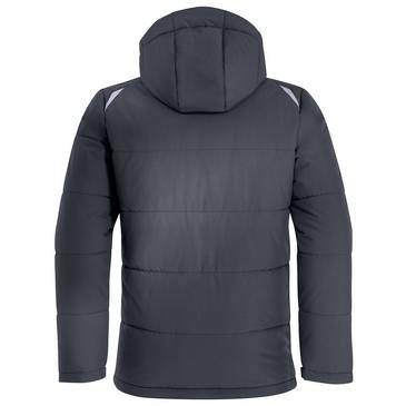 Dunkelgraue Steppjacke mit Kapuze, von hinten auf weißem Hintergrund gezeigt.
