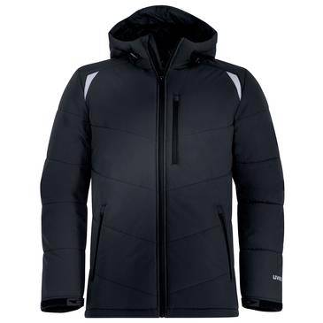Dunkelblauer Kapuzen-Steppjacke mit durchgehendem Frontreißverschluss, schwarzem Rand und reflektierenden Schulterakzenten, Vorderansicht auf weißem Hintergrund dargestellt.