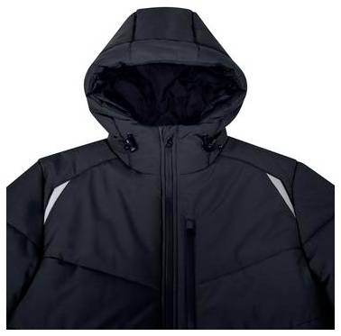 Schwarze Kapuzenjacke mit Frontreißverschluss und reflektierenden Schultereinsätzen, gezeigt auf einfachem weißem Hintergrund.
