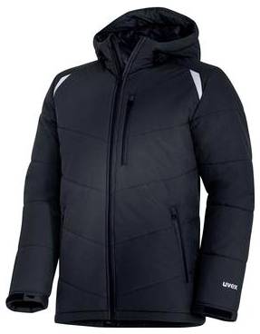 Schwarze isolierte Kapuzenjacke mit Frontverschluss und Seitentaschen, gezeigt auf weißem Hintergrund.