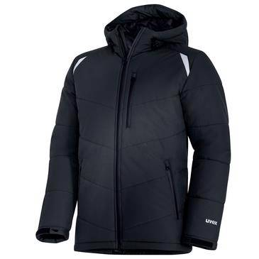 Schwarze kapuzenjacke mit Thermofutter, Frontreißverschluss und Reißverschlusstaschen, auf weißem Hintergrund gezeigt.