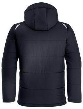 Rückansicht einer schwarzen Kapuzensteppjacke mit gesteppter Polsterung und hohem Kragen auf weißem Hintergrund.